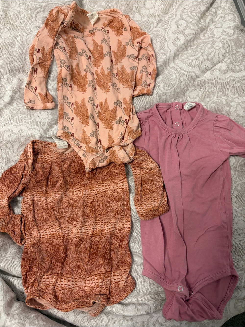 kate quinn Peach, Rust & Mauve Floral and Textured Long-Sleeve Bodysuits